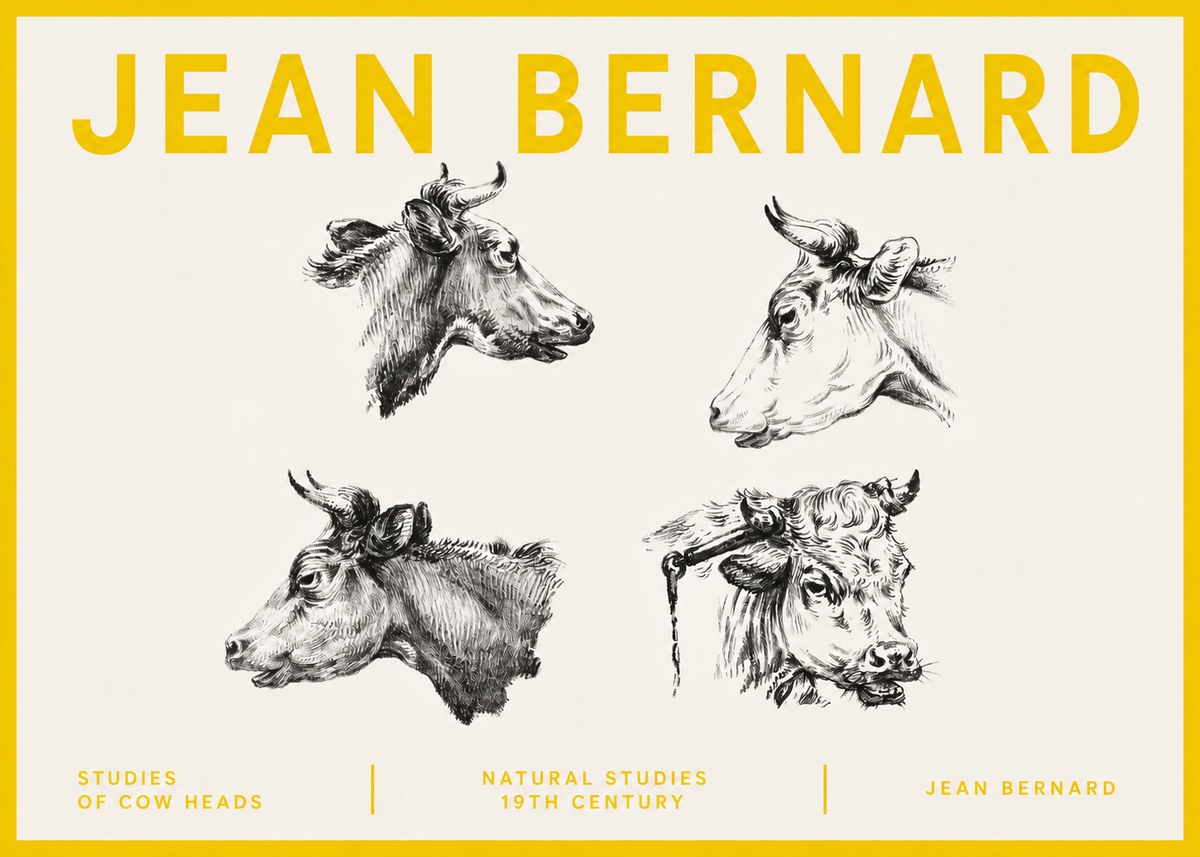 Jean Bernard Studies of Cattle - Four Heads No5 - Juliste