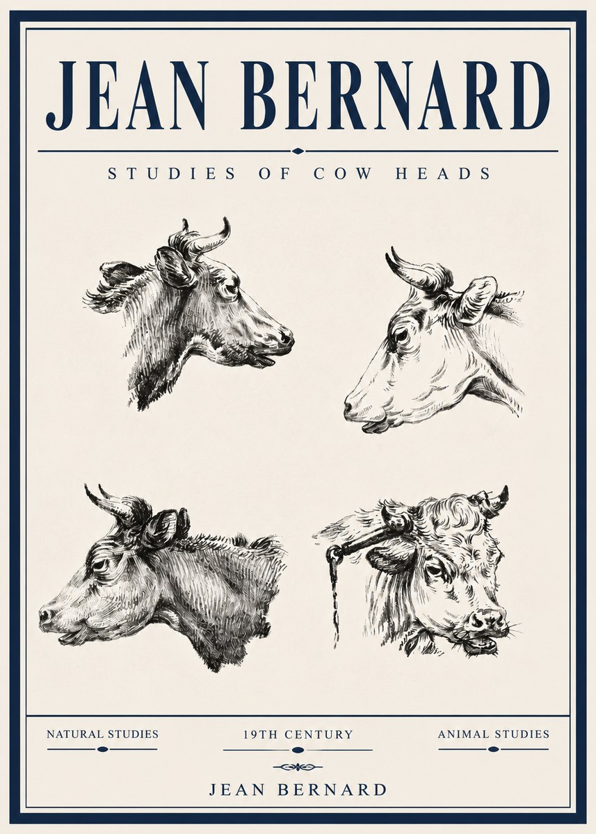 Jean Bernard Studies of Cattle - Four Heads No6 - Juliste