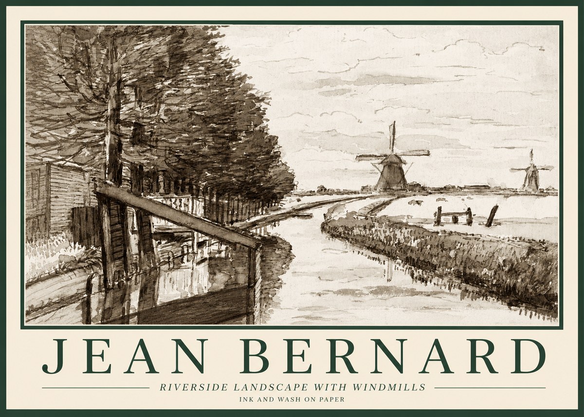Jean Bernard Riverside Landscape with Windmills No1 - Juliste