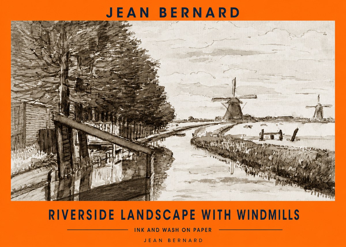 Jean Bernard Riverside Landscape with Windmills No2 - Juliste