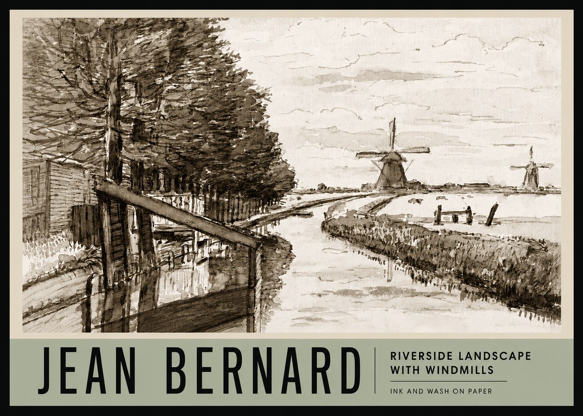 Jean Bernard Riverside Landscape with Windmills No3 - Juliste