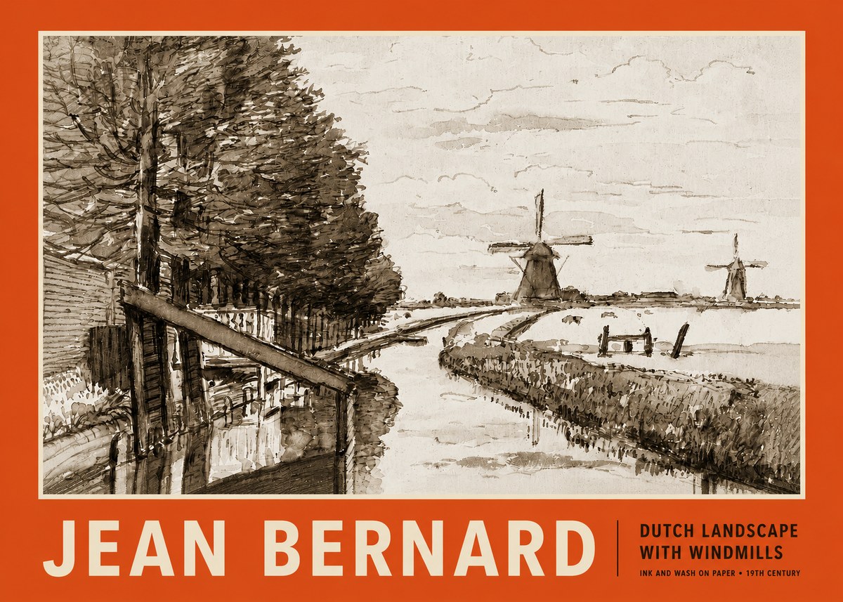Jean Bernard Riverside Landscape with Windmills No5 - Juliste