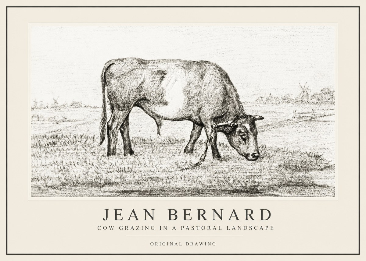 Jean Bernard Cow Grazing in a Pastoral Landscape No1 - Juliste
