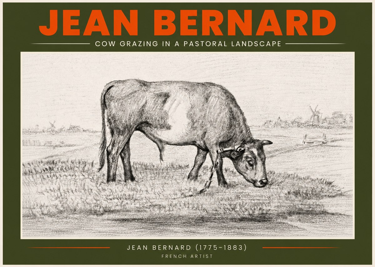 Jean Bernard Cow Grazing in a Pastoral Landscape No3 - Juliste