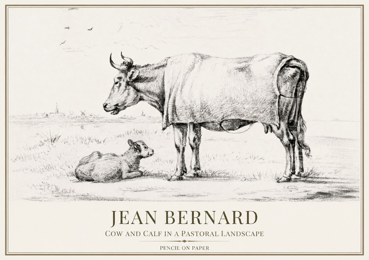 Jean Bernard Cow and Calf in a Pastoral Landscape No1 - Juliste