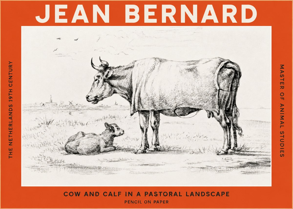 Jean Bernard Cow and Calf in a Pastoral Landscape No2 - Juliste