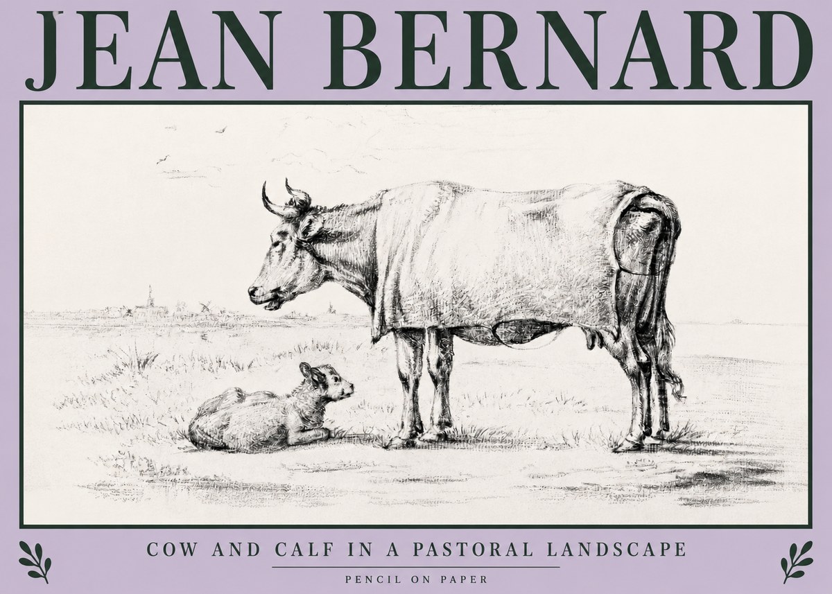 Jean Bernard Cow and Calf in a Pastoral Landscape No3 - Juliste