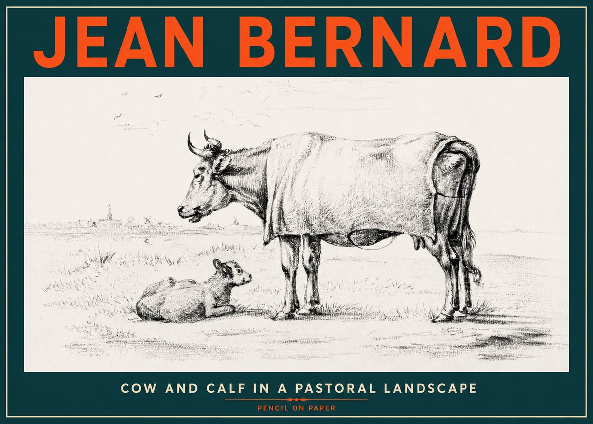 Jean Bernard Cow and Calf in a Pastoral Landscape No4 - Juliste