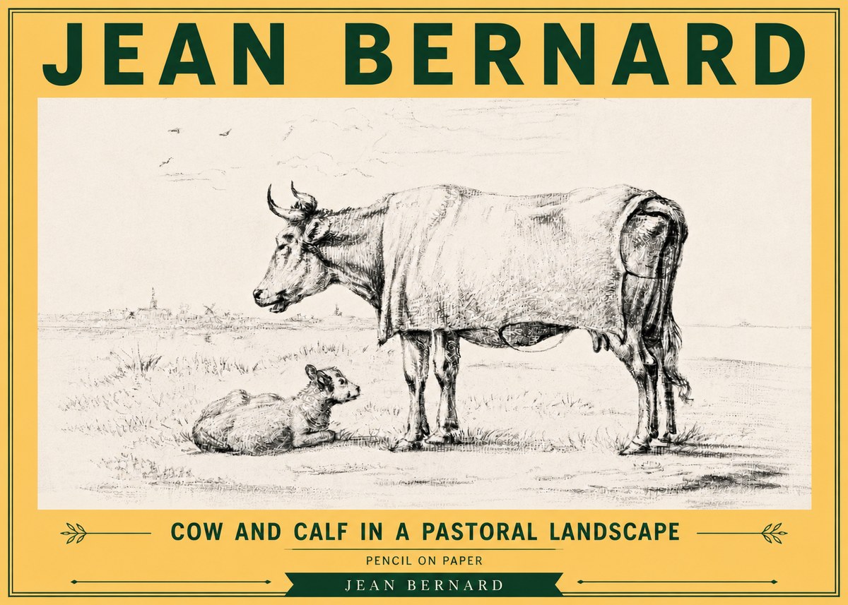 Jean Bernard Cow and Calf in a Pastoral Landscape No6 - Juliste