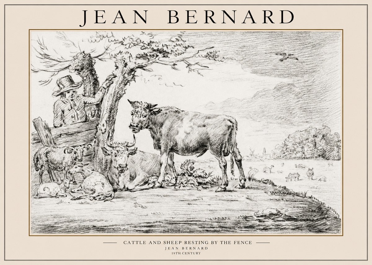 Jean Bernard Cattle and Sheep Resting by the Fence No1 - Juliste