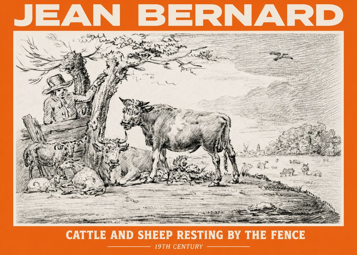 Jean Bernard Cattle and Sheep Resting by the Fence No2 - Juliste