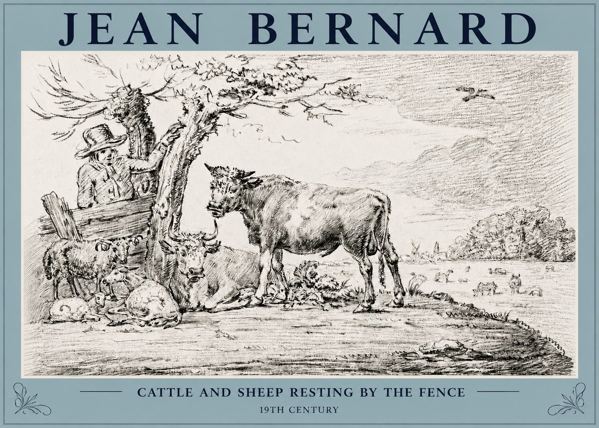 Jean Bernard Cattle and Sheep Resting by the Fence No3 - Juliste