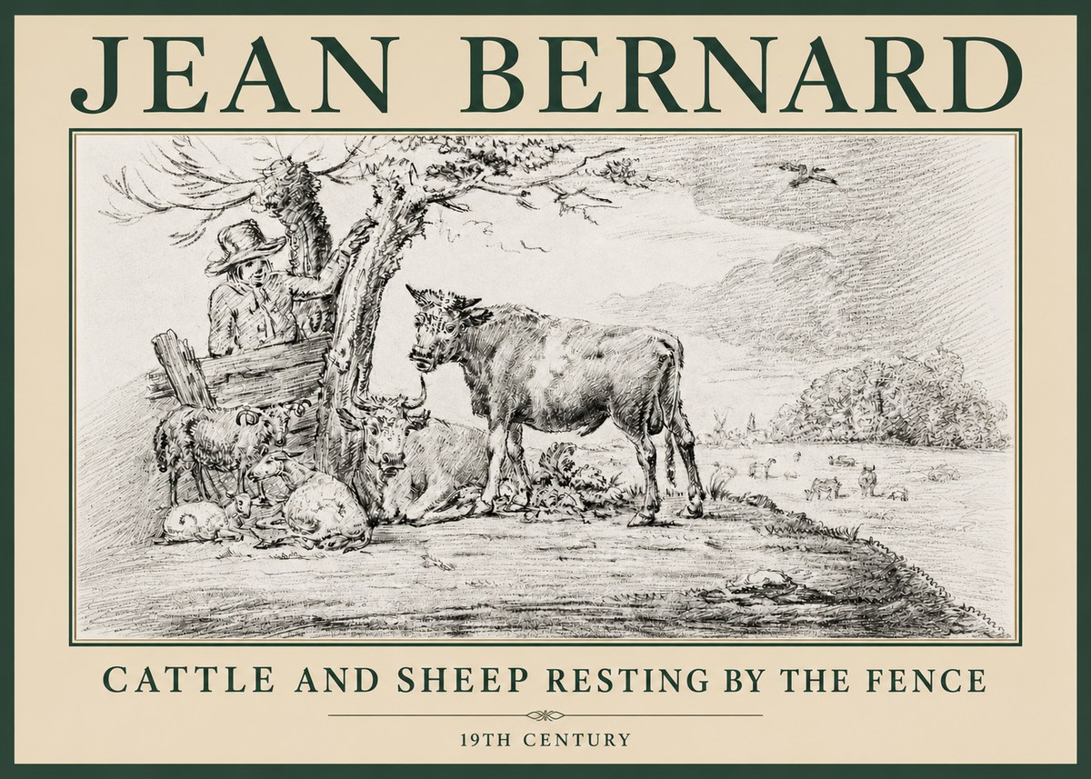 Jean Bernard Cattle and Sheep Resting by the Fence No4 - Juliste