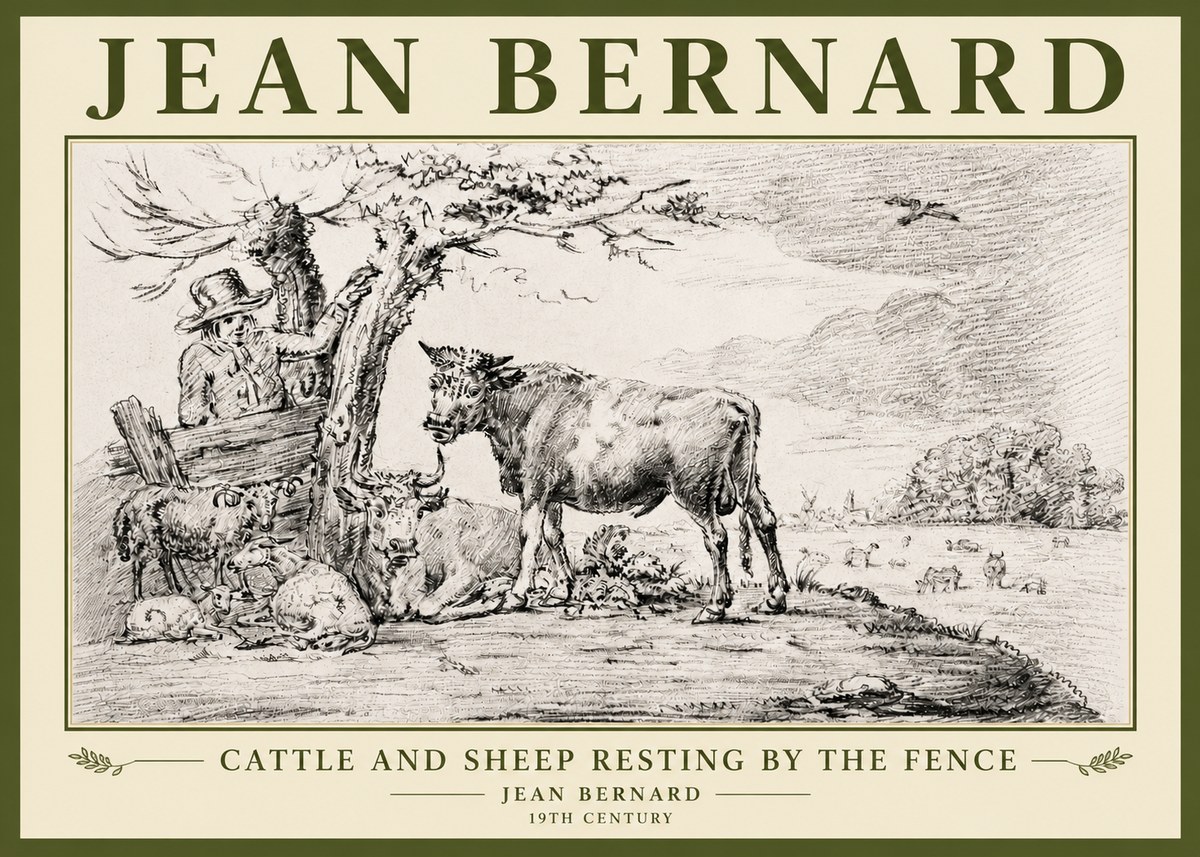 Jean Bernard Cattle and Sheep Resting by the Fence No5 - Juliste