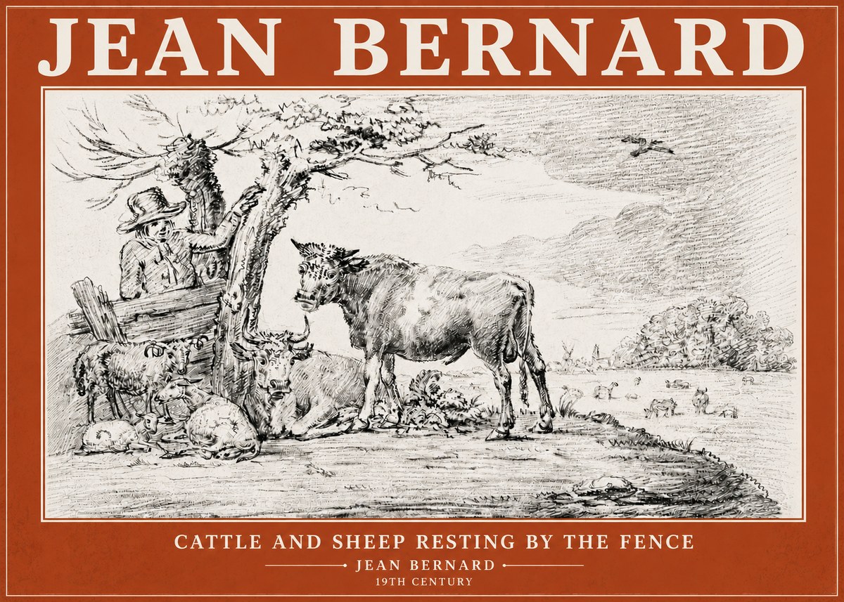 Jean Bernard Cattle and Sheep Resting by the Fence No6 - Juliste