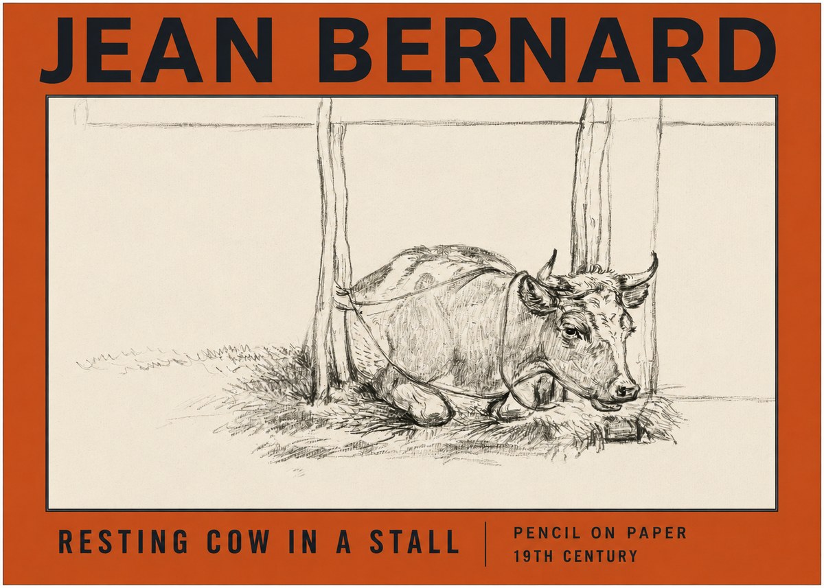 Jean Bernard Resting Cow in a Stall No2 - Juliste