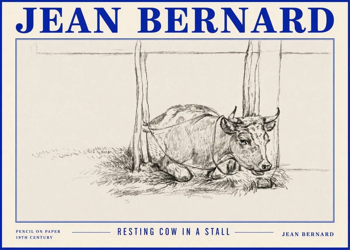Jean Bernard Resting Cow in a Stall No4 - Juliste