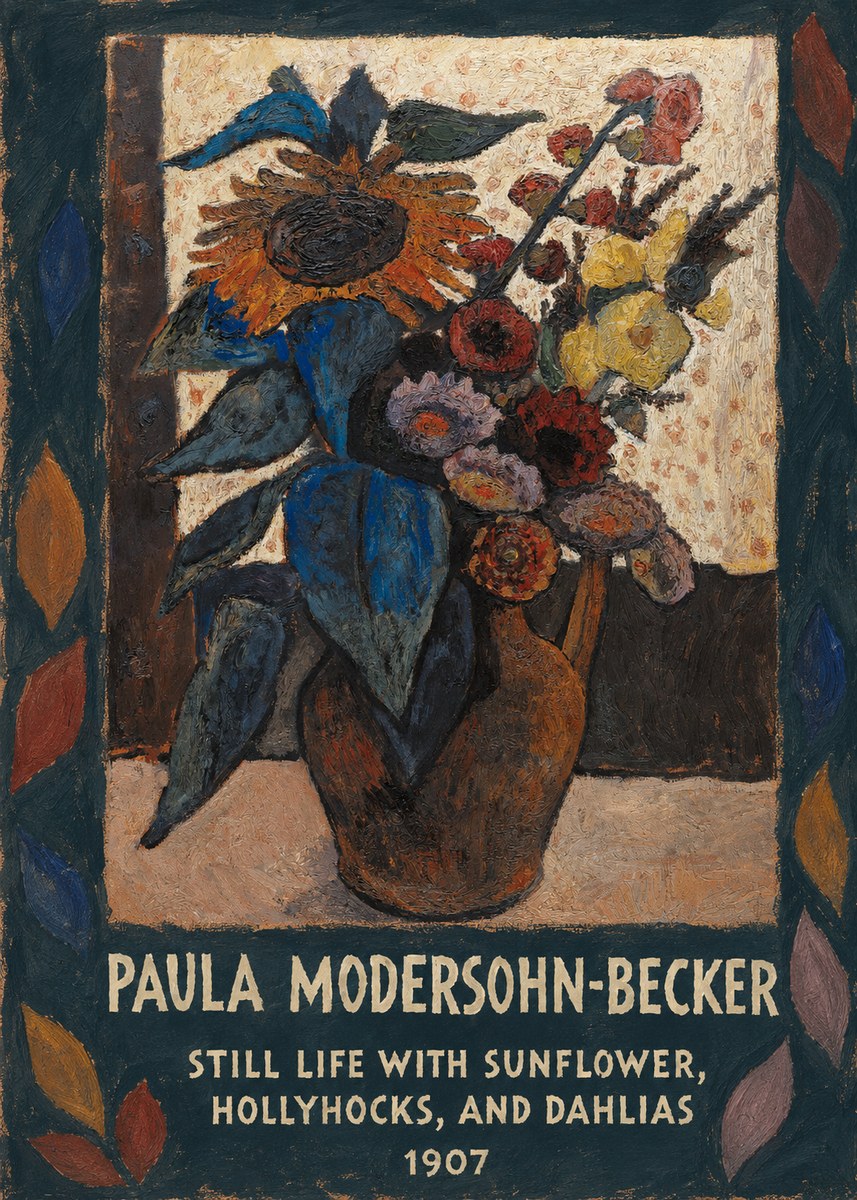 Paula Modersohn-Becker Still Life with Sunflower, Hollyhocks, and Dahlias No4 - Juliste