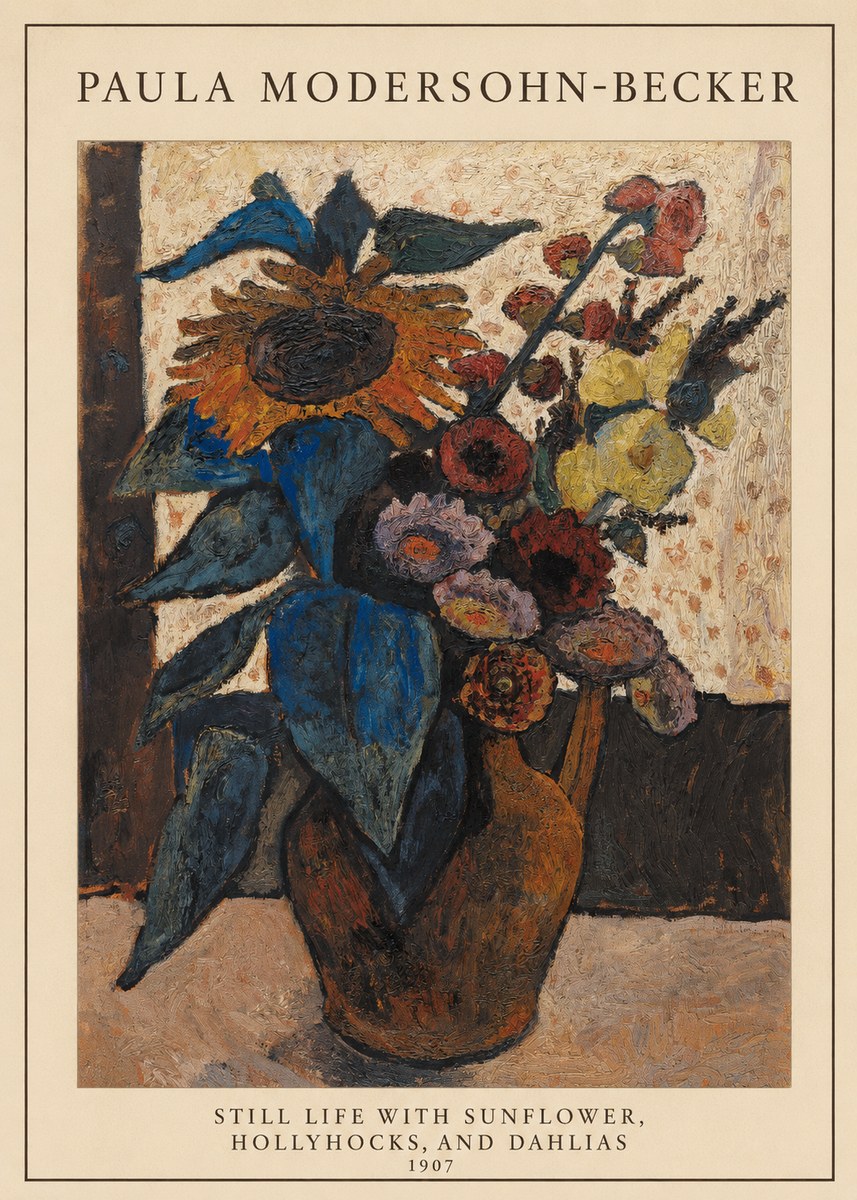 Paula Modersohn-Becker Still Life with Sunflower, Hollyhocks, and Dahlias No5 - Juliste