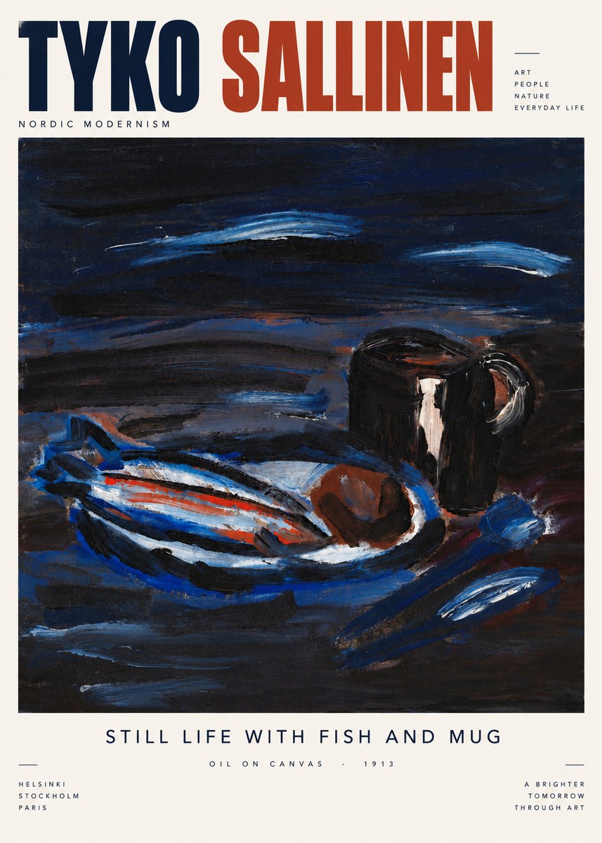 Tyko Sallinen Still Life with Fish and Mug No5 - Juliste