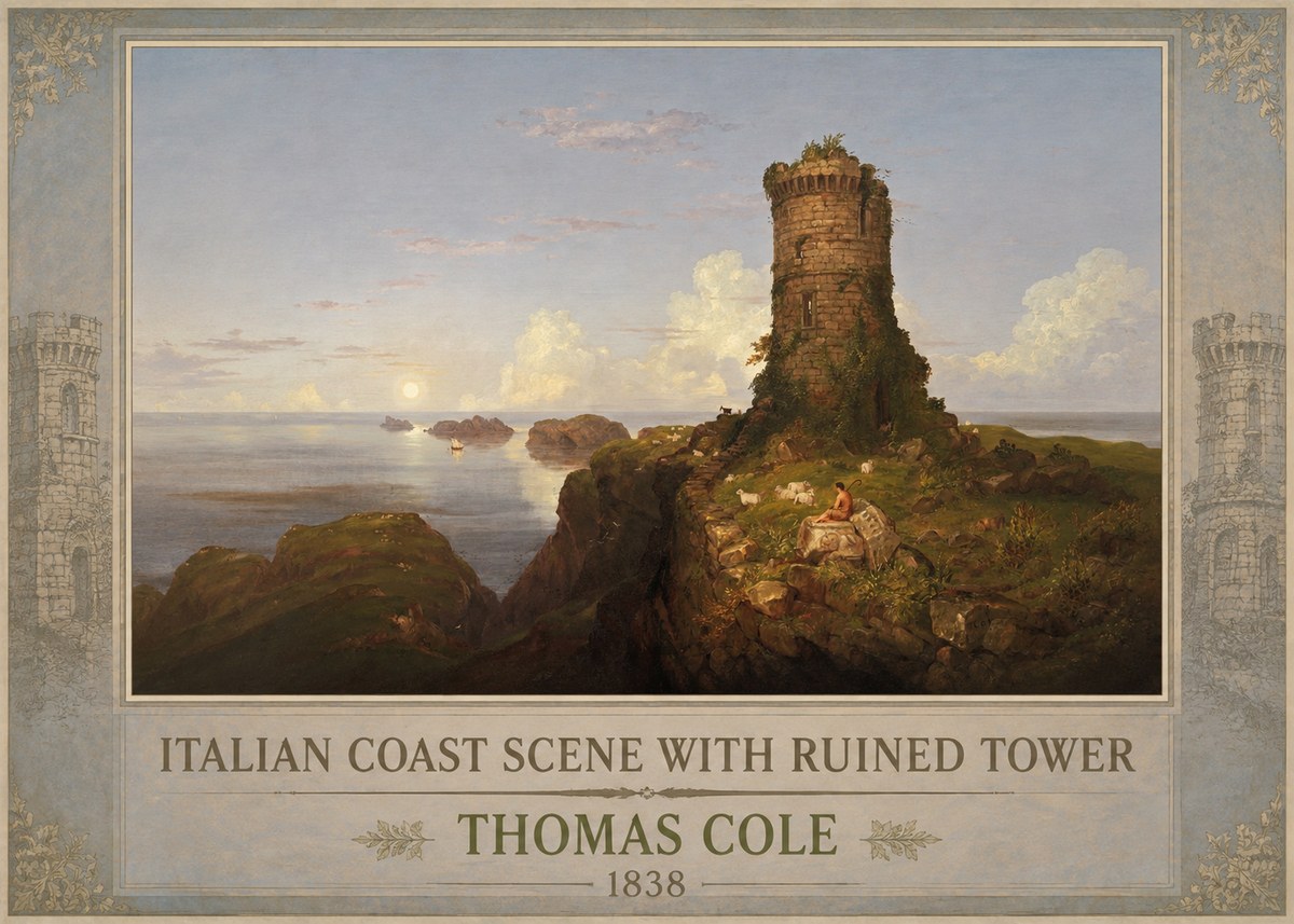 Thomas Cole Italian Coast Scene with Ruined Tower I No1 - Juliste