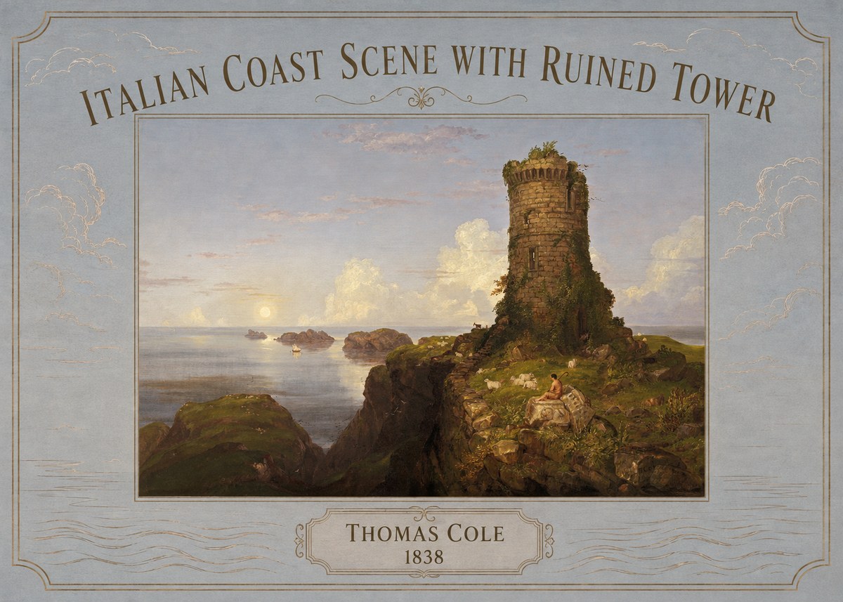 Thomas Cole Italian Coast Scene with Ruined Tower I No3 - Juliste