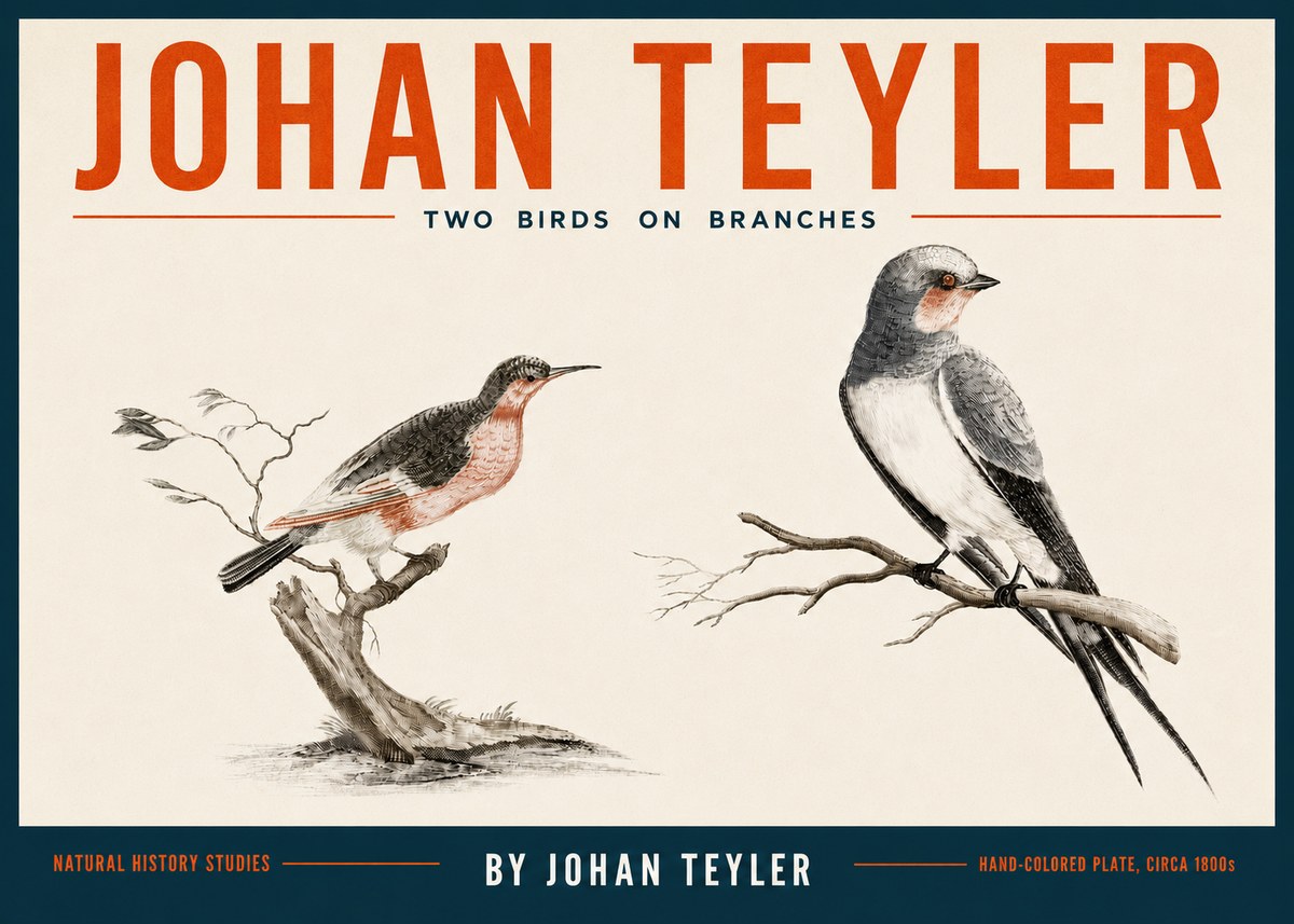 Johan Teyler Two Birds on Branches No4 - Juliste