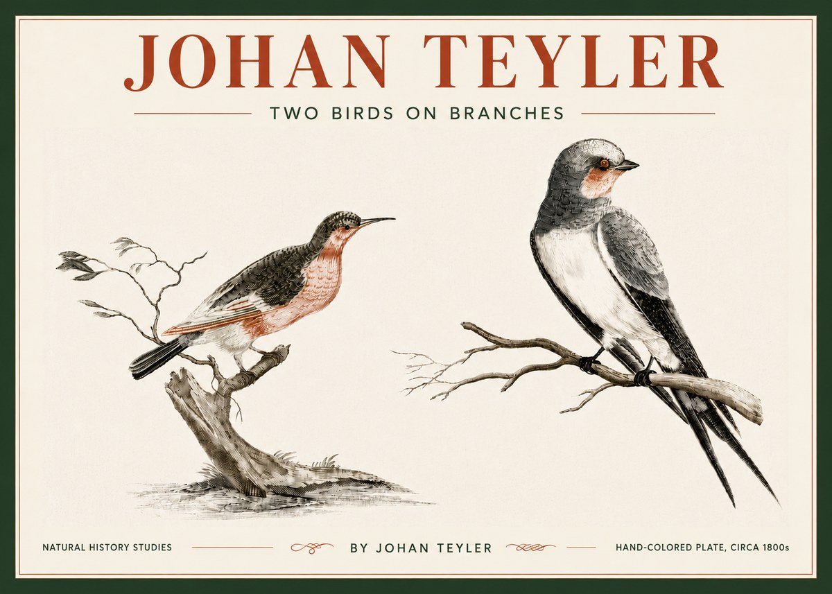 Johan Teyler Two Birds on Branches No6 - Juliste