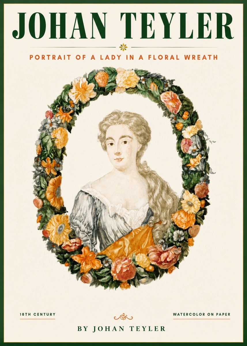 Johan Teyler Portrait of a Lady in a Floral Wreath No4 - Juliste