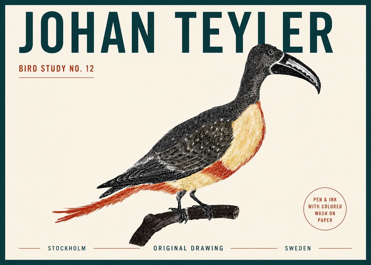 Johan Teyler Bird Study No. 12 - Original Drawing No5 - Juliste