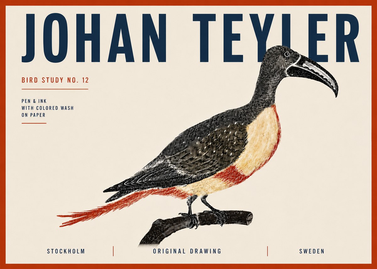 Johan Teyler Bird Study No. 12 - Original Drawing No6 - Juliste