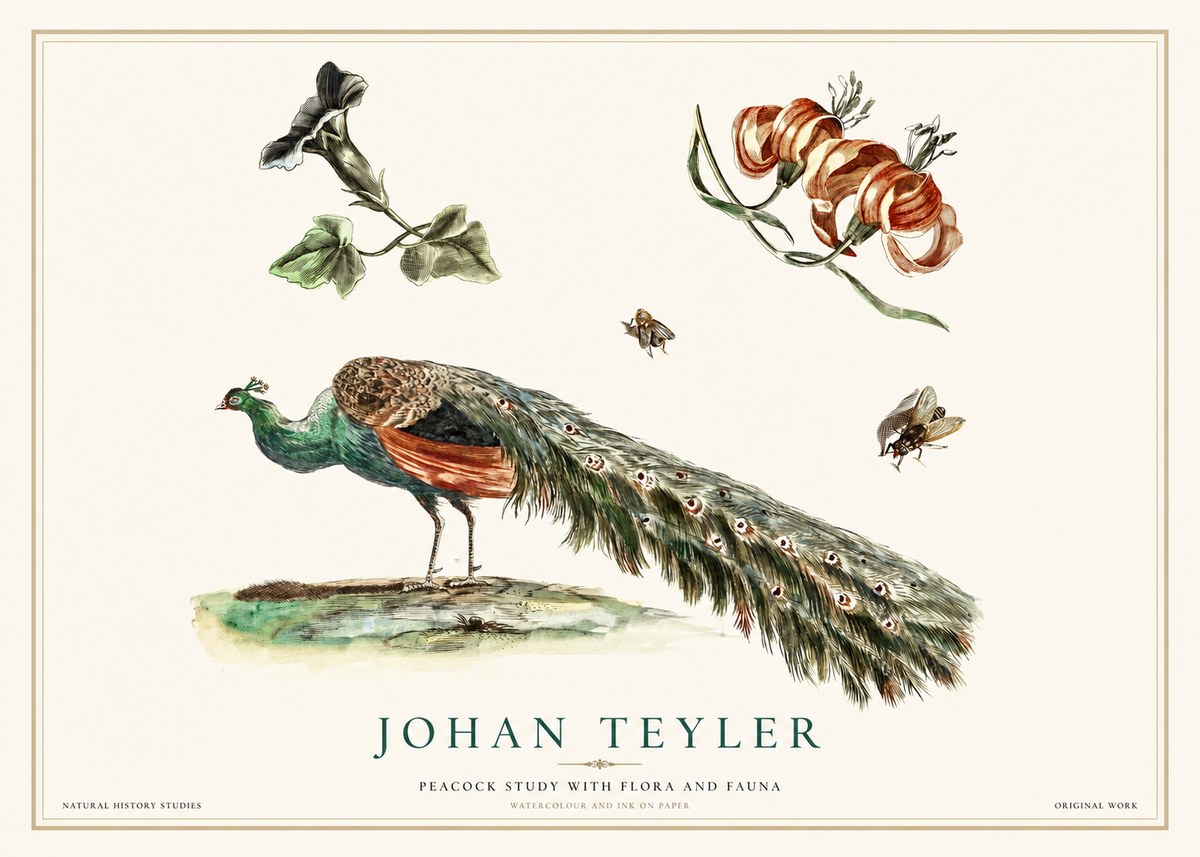 Johan Teyler Peacock Study with Flora and Fauna No1 - Juliste