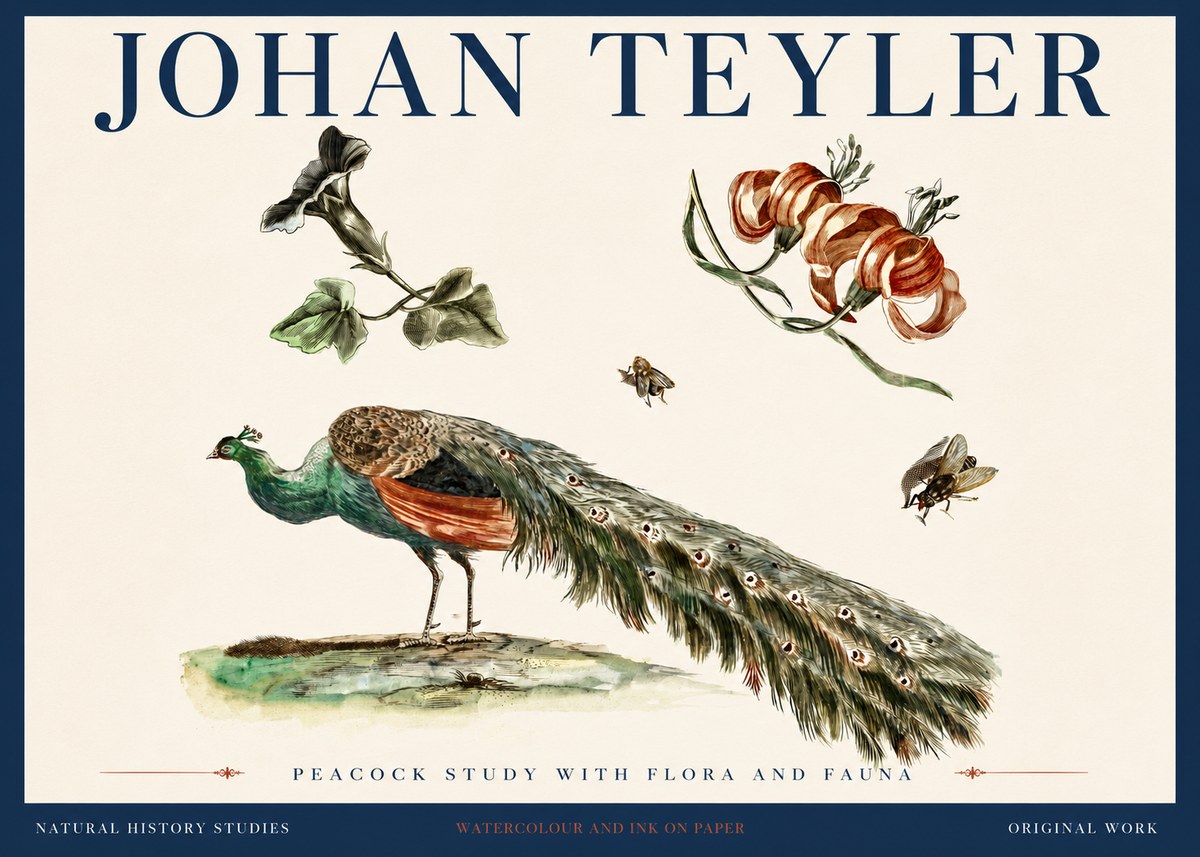 Johan Teyler Peacock Study with Flora and Fauna No4 - Juliste