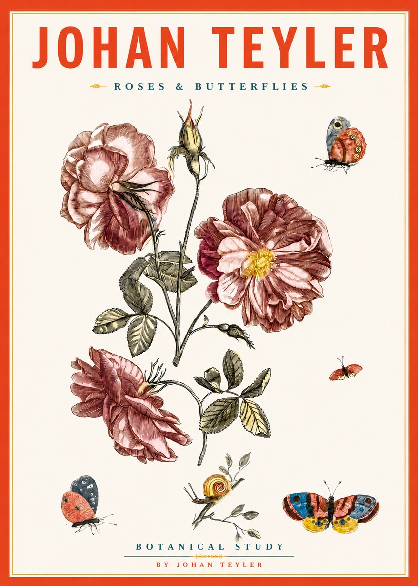 Johan Teyler Roses & Butterflies - Botanical Study No5 - Juliste