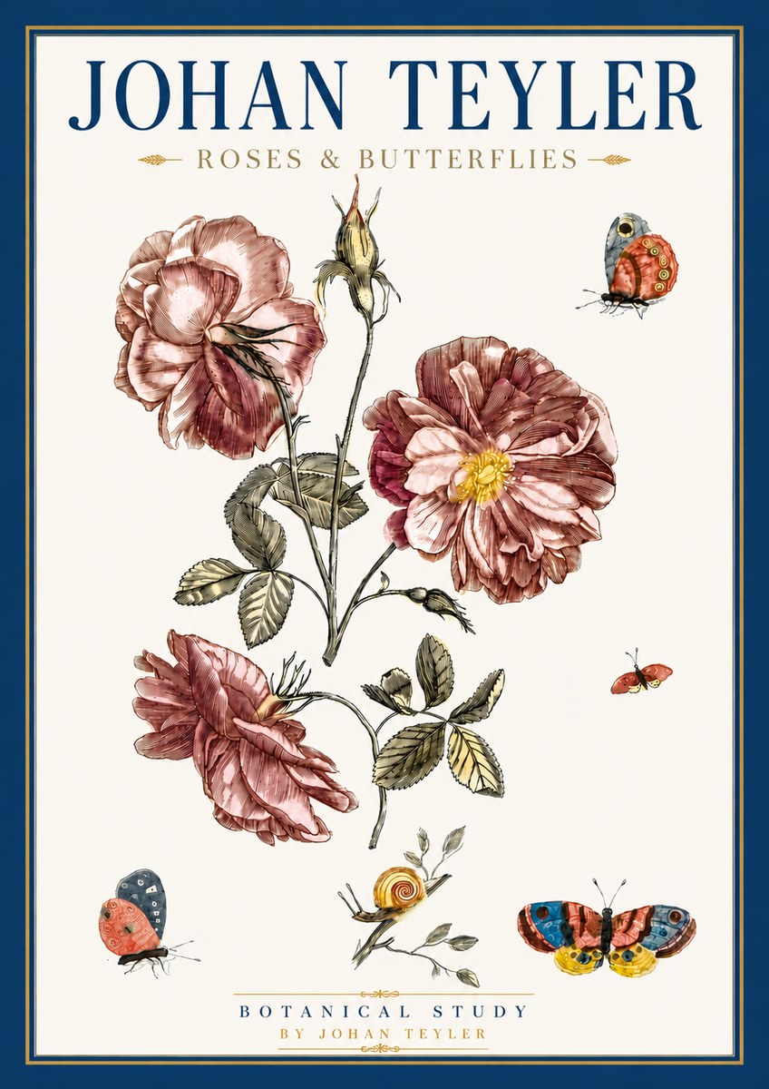 Johan Teyler Roses & Butterflies - Botanical Study No6 - Juliste