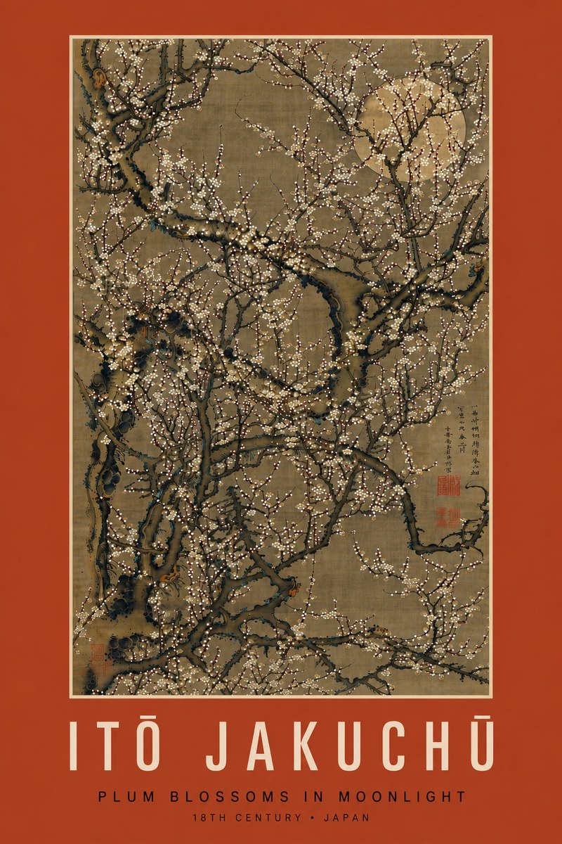 Itō Jakuchū Plum Blossoms in Moonlight No7 - Juliste