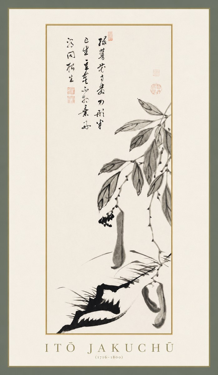 Itō Jakuchū Branch with Pods and Calligraphy No1 - Juliste