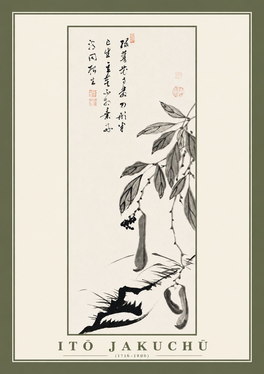 Itō Jakuchū Branch with Pods and Calligraphy No2 - Juliste