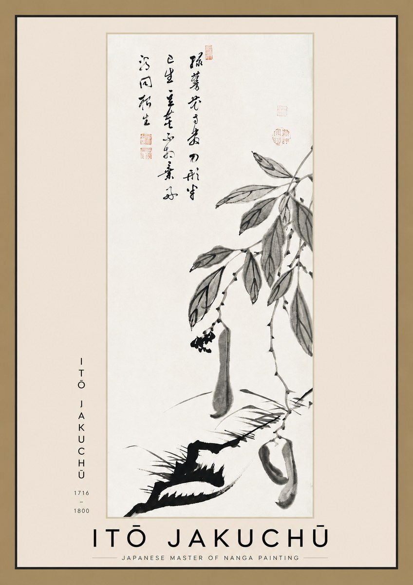 Itō Jakuchū Branch with Pods and Calligraphy No3 - Juliste