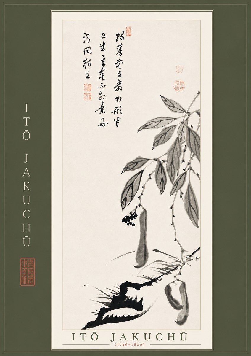 Itō Jakuchū Branch with Pods and Calligraphy No4 - Juliste