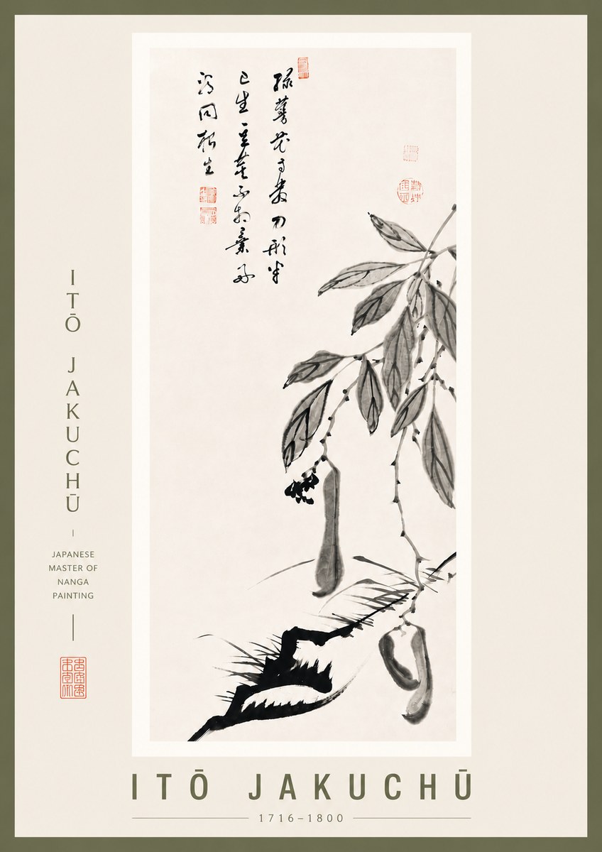 Itō Jakuchū Branch with Pods and Calligraphy No5 - Juliste