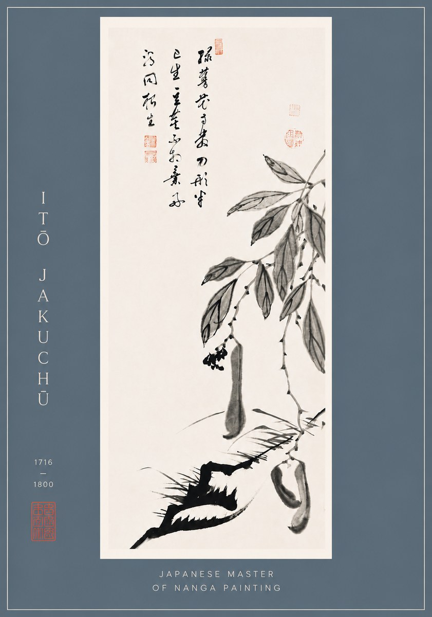 Itō Jakuchū Branch with Pods and Calligraphy No6 - Juliste