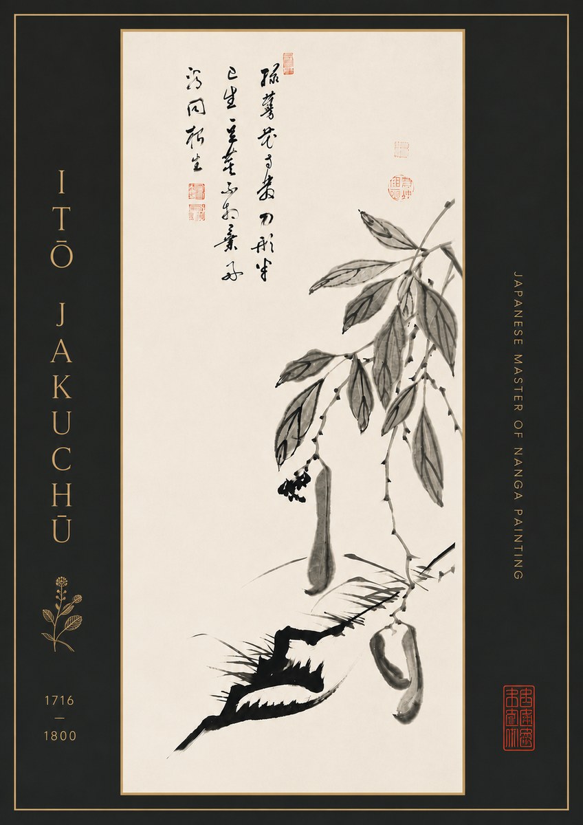 Itō Jakuchū Branch with Pods and Calligraphy No7 - Juliste