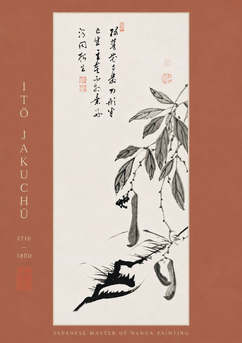 Itō Jakuchū Branch with Pods and Calligraphy No8 - Juliste
