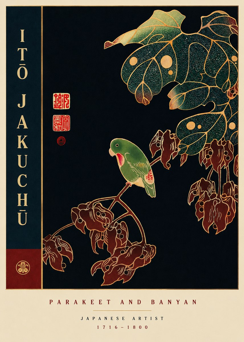 Itō Jakuchū Parakeet and Banyan No6 - Juliste