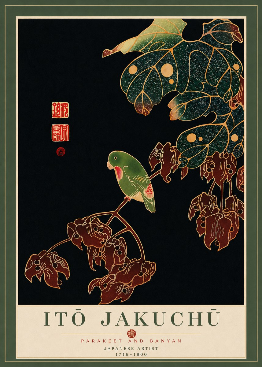 Itō Jakuchū Parakeet and Banyan No7 - Juliste