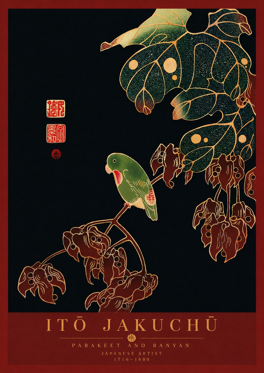 Itō Jakuchū Parakeet and Banyan No8 - Juliste