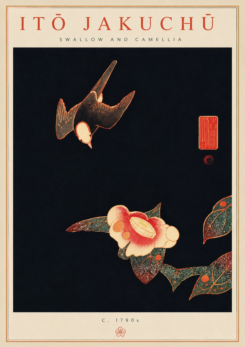 Itō Jakuchū Swallow and Camellia No6 - Juliste