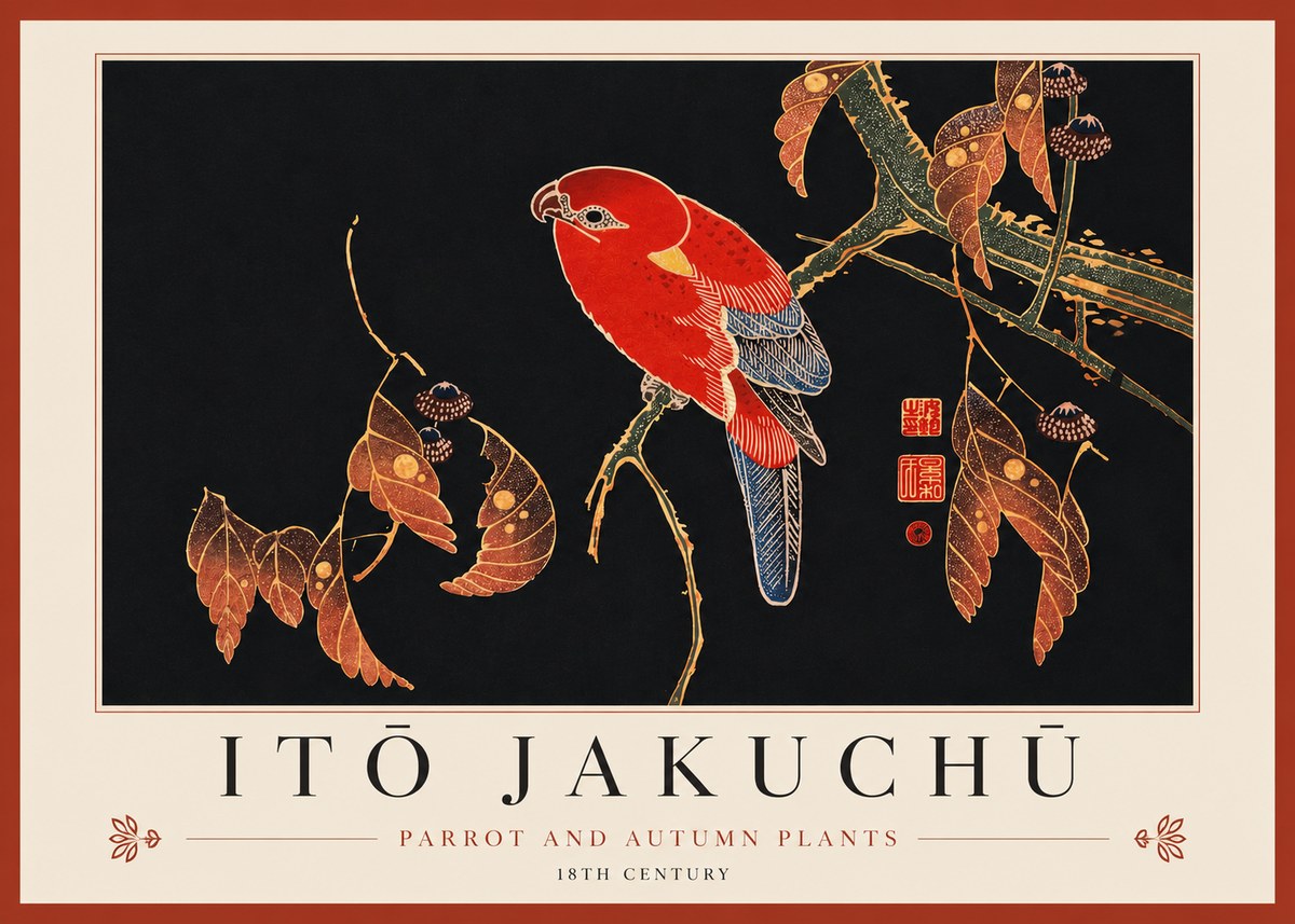 Itō Jakuchū Parrot and Autumn Plants No3 - Juliste