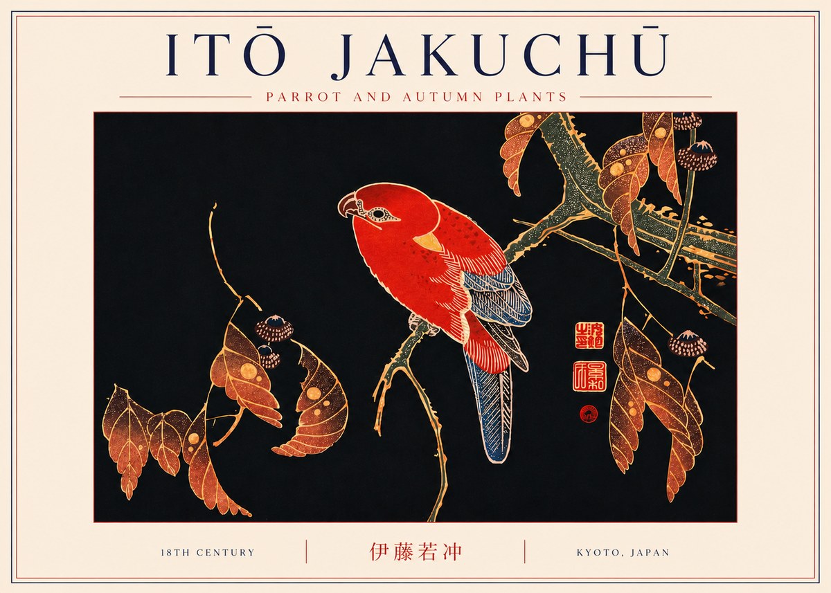 Itō Jakuchū Parrot and Autumn Plants No6 - Juliste